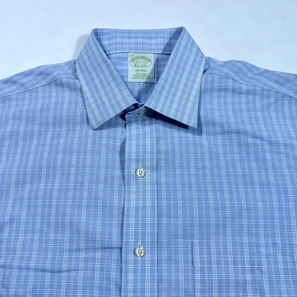Brooks Brothers Dress Shirt Mens 15.5/32 Blue-White Check Milano No Iron Stretch - Picture 2 of 9